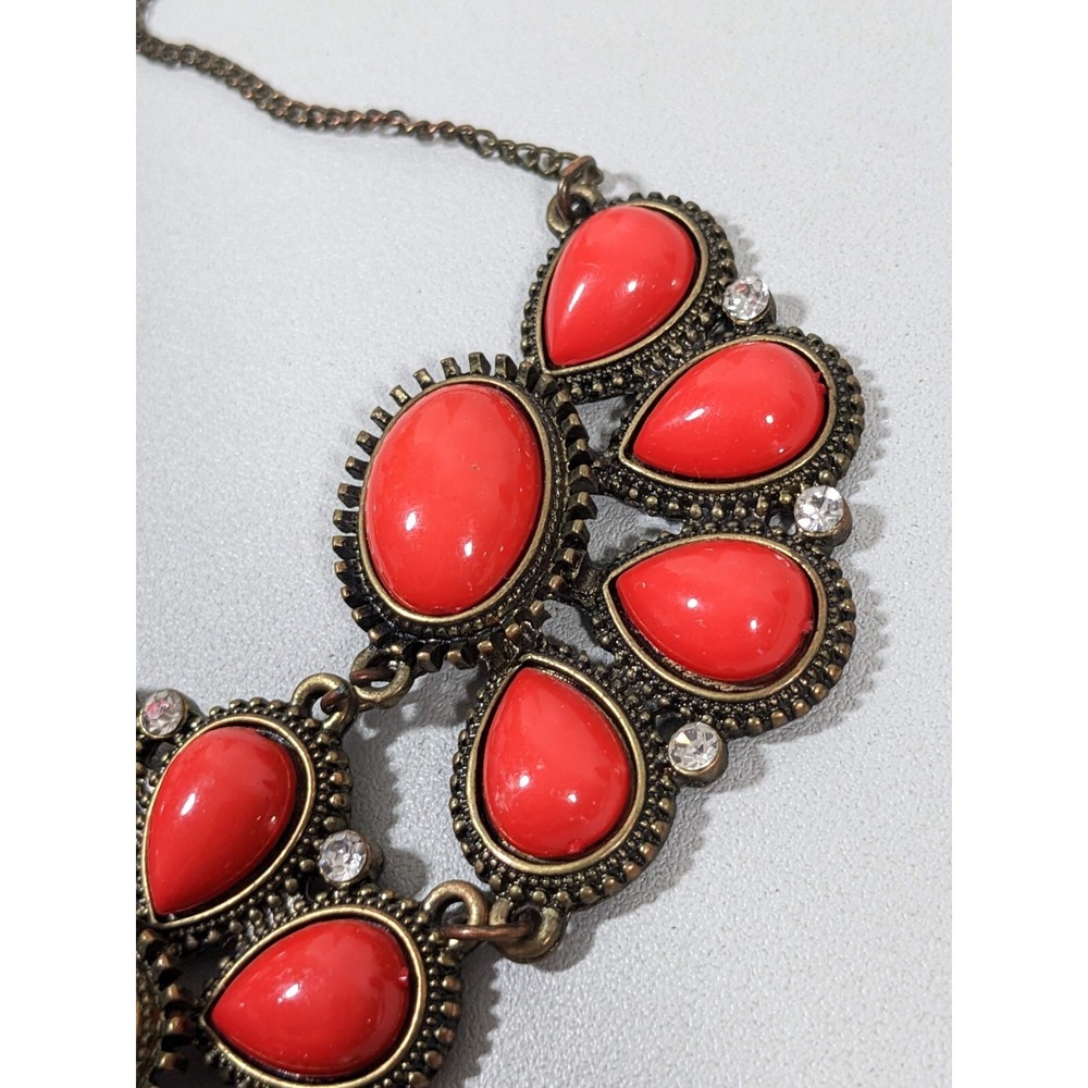 Red Orange Cabochon Statement Necklace Bronze Tone Boho Western Bib 21" - Picture 4 of 9